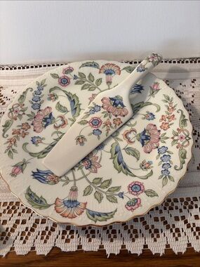 Andrea By Sadek Floral Cake Plate and Server in Cream with Pink, Blue, Green